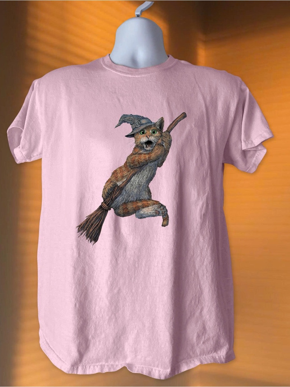 Gildan Pink Cat Witch Halloween Short Sleeve Tee
